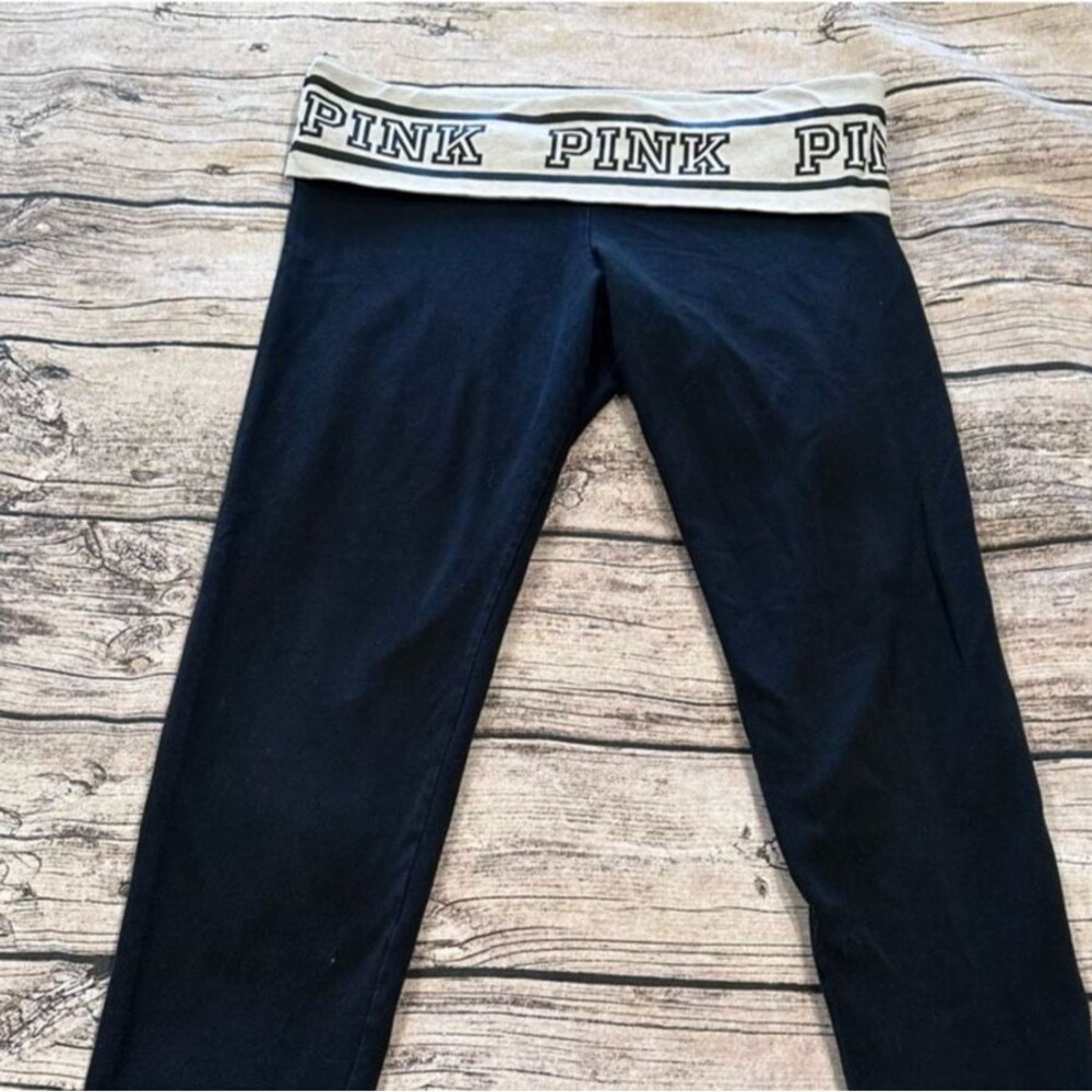 Vintage Y2K PINK Victoria's Secret Black Logo Foldover Waistband Leggings Size M